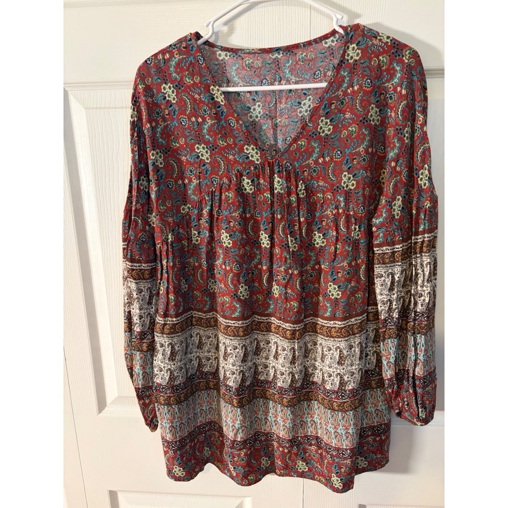 Womens Red Floral Paisley Boho V-Neck Tunic Top Long Sleeve Empire Waist Blouse